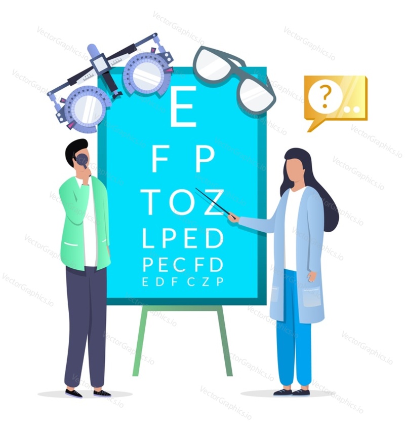 Doktor oftalmolog kontrola zraku, ploché vektorové ilustrace. Oftalmologie, optometrie, oční test a korekce zraku.