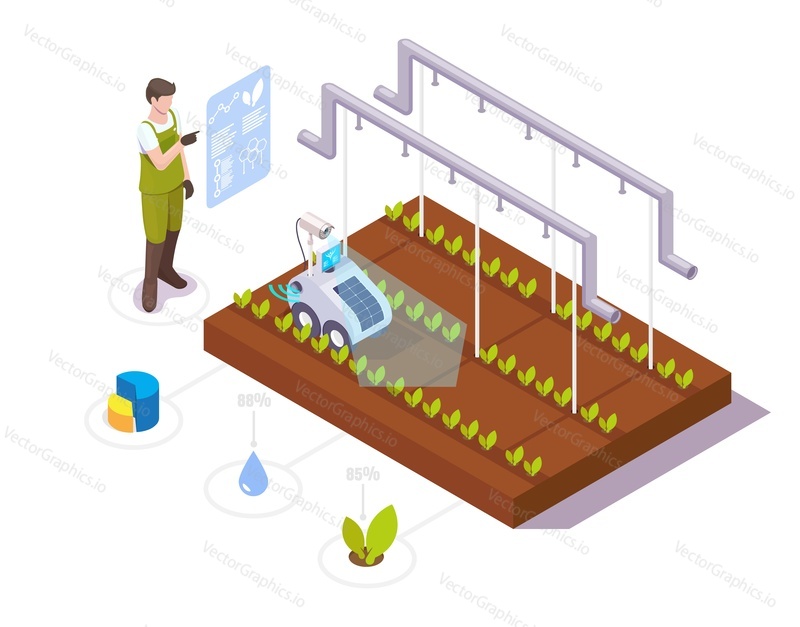Фермер проводит анализ роста урожая в теплице с использованием робототехнических технологий, плоская векторная изометрическая иллюстрация. Интеллектуальная робототехника для тепличного садоводства. Разумное сельское хозяйство.