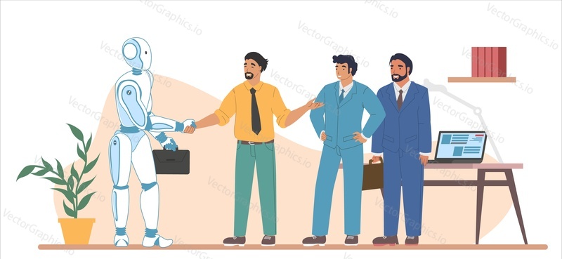 Деловые люди приветствуют умного робота-машину в офисе. Искусственный интеллект и люди, работающие вместе, плоская векторная иллюстрация. Искусственный интеллект и человеческое сотрудничество, кооперация.