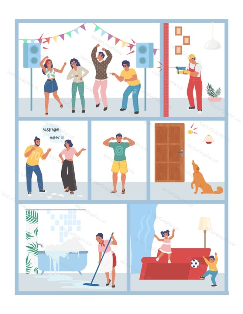 Byt hluk scéna set, ploché vektorové ilustrace. Hluční sousedé tančí, pár křičí, muž vrtá zeď, pes štěká u vchodových dveří, hlasité děti si hrají.