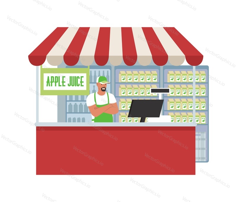 Juice store, ploché vektorové ilustrace. Jablečný džus ve vitríně. Prodavač stojí u pultu. Supermarket, obchod s potravinami nápojová sekce. Maloobchod malé firmy.