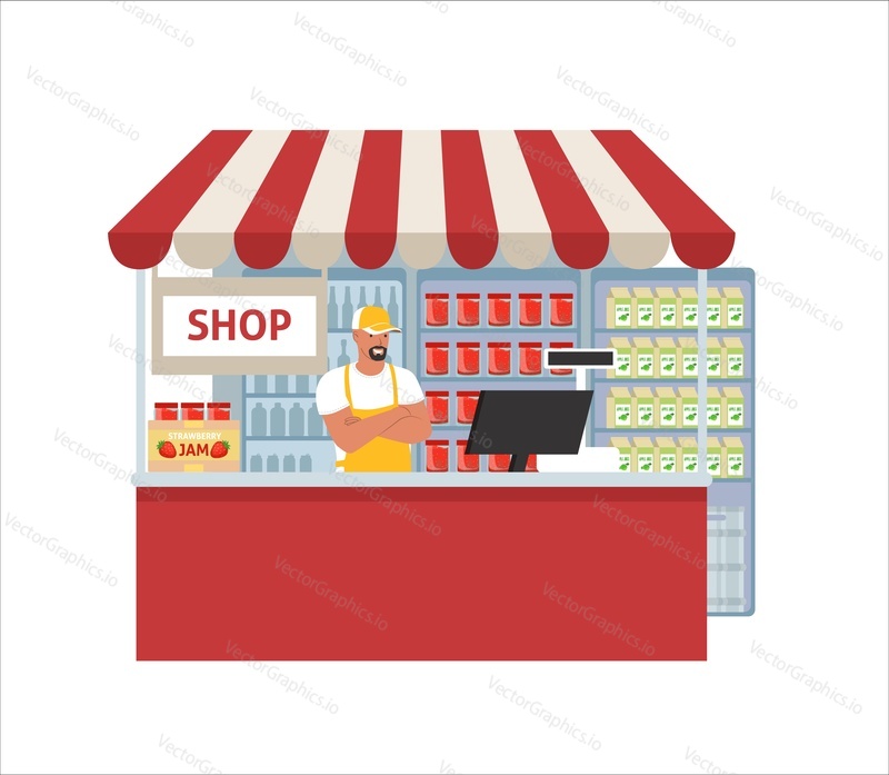 Jam store, ploché vektorové ilustrace. Ovocné džemy na policích vitríny. Prodavač stojí u pultu. Supermarket, obchod s potravinami konzervované ovoce sekce. Maloobchod malé firmy.