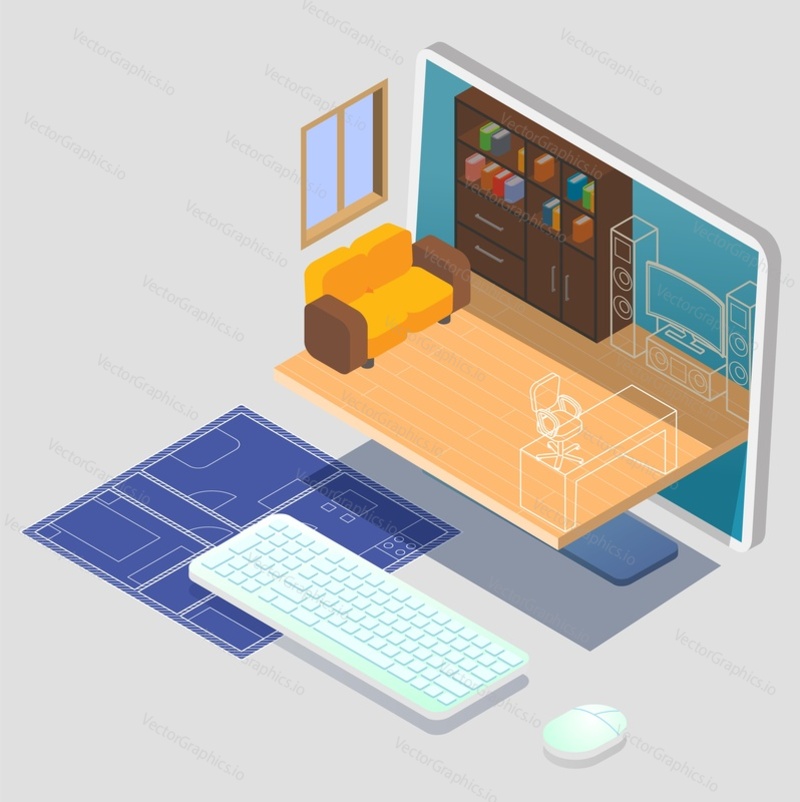 Interior design service. Living room furniture 3d models on computer screen, house blueprint, flat vector isometric illustration. Online interior planning.