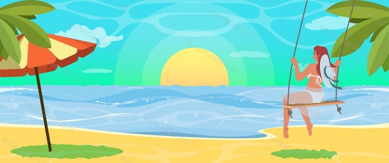 Woman swinging on swing under palm tree and looking at sunset on beach, flat vector illustration. Summer beach holiday, tropical vacation, travel.