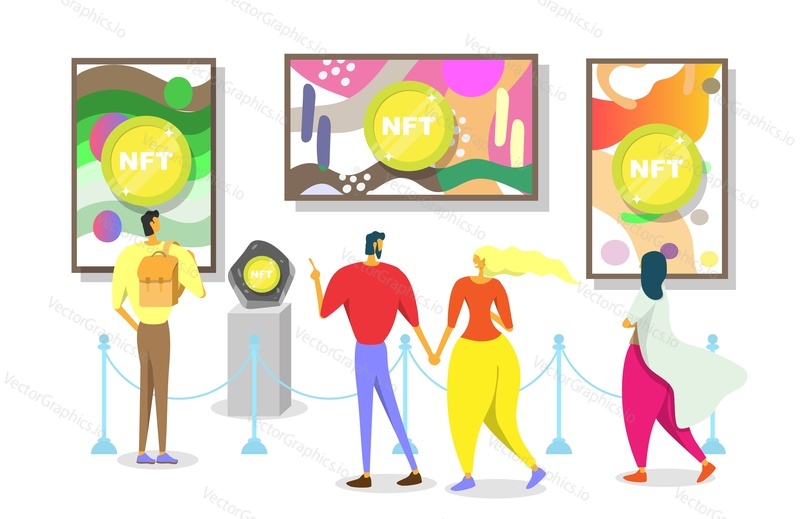 Несменяемый токен. Крипто-художественная галерея Metaverse NFT, рынок цифрового искусства, плоская векторная иллюстрация. Интернет-маркетплейс, технология блокчейн.