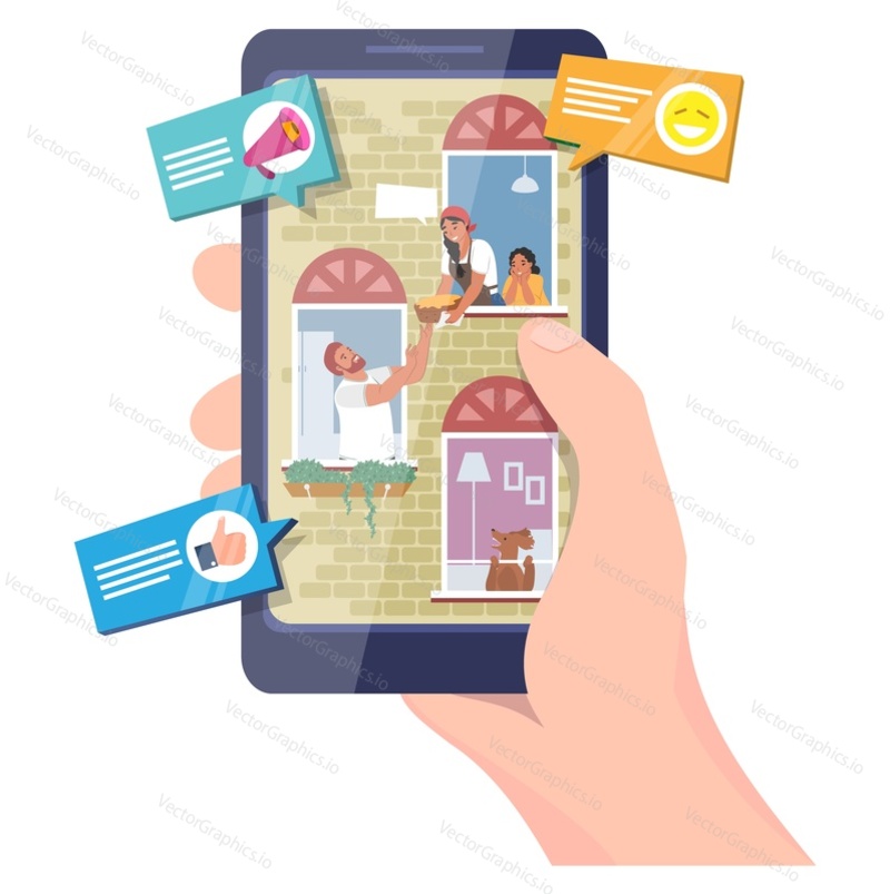 Communication with neighbors online, flat vector illustration. Neighbor group chat and online messaging.