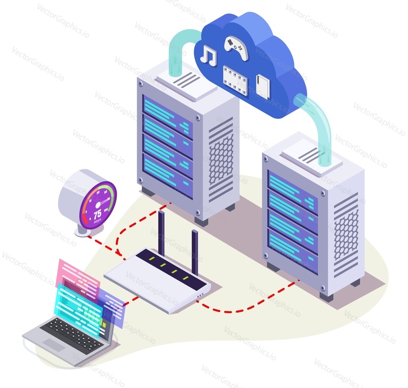 Serverové stojany, WiFi router, přenosný počítač a cloud, ploché vektorové izometrické ilustrace. Cloud hosting rychlost internetu.
