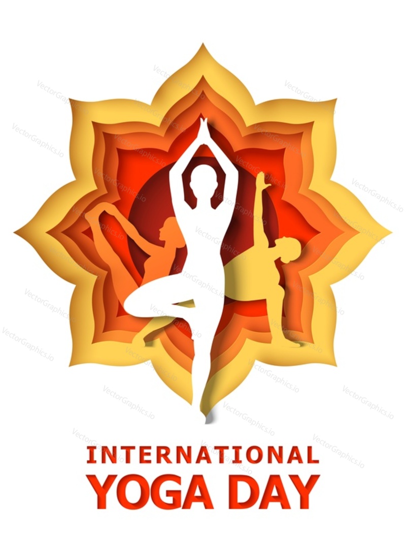 International Yoga Day poster template. Vector illustration in paper art style. Healthy lifestyle. World Yoga Day celebration.