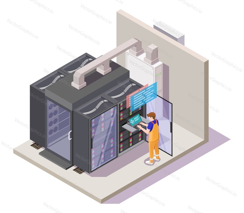 Datové centrum nebo serverovna se serverovými regály, technik provádějící diagnostický test, plochá vektorová izometrická ilustrace. Kontrola diagnostiky serveru.