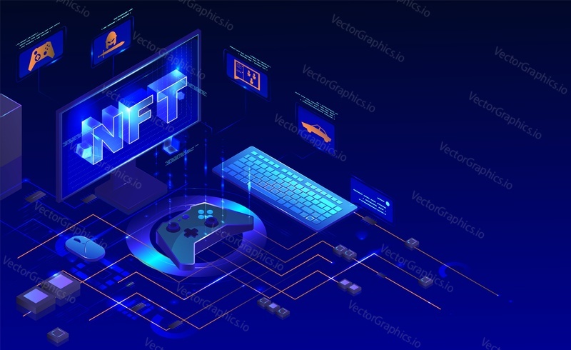 Компьютерные игры NFT, векторная изометрическая иллюстрация неонового света. Несменяемый токен, технология блокчейна NFT, крипто-видеоигры, игры в метавселенной.
