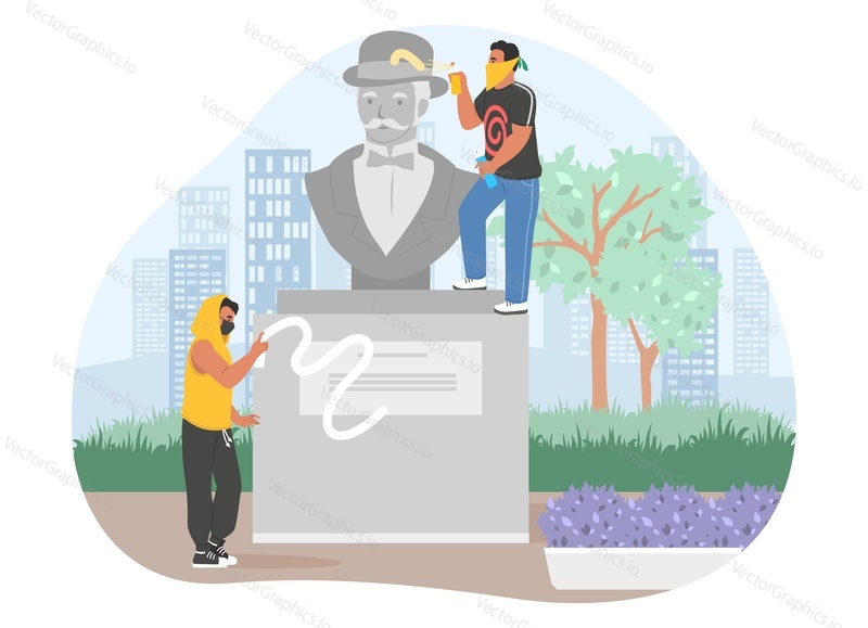 Pouliční chuligáni, graffiti malíři v mikině, obličejová maska poškozující památník v městském veřejném parku, ploché vektorové ilustrace. Pouliční Vandalové, gangsteři malující plastiku poprsí sprejem. Vandalismus.