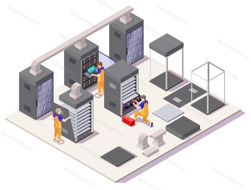 Inženýři instalující servery v datovém centru, ploché vektorové izometrické ilustrace. Nastavení síťového serveru, instalace a konfigurace hardware, software.