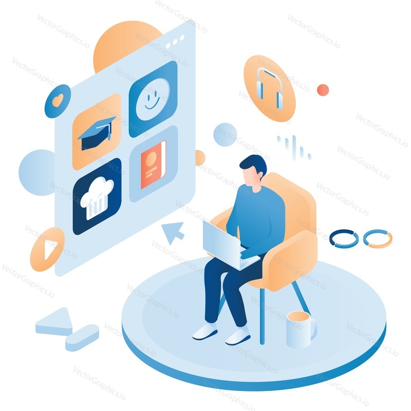Man choosing video channel on laptop computer to start watching, flat vector isometric illustration. Podcasting, multimedia content concept.