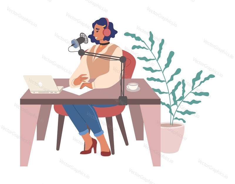 Woman in headphones speaking into the microphone in front of laptop computer, flat vector illustration. Dj creating podcast, hosting live radio show in studio. Podcasting, online radio.