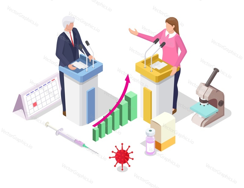 Coronavirus Covid-19 global vaccination political debates, flat vector isometric illustration. Immunization campaign. Vaccine politics.