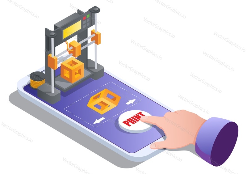 Изометрический 3d-принтер строит куб на экране мобильного телефона, человеческая рука делает заказ онлайн, векторная иллюстрация. Услуга 3D-печати для аддитивного производства по запросу.