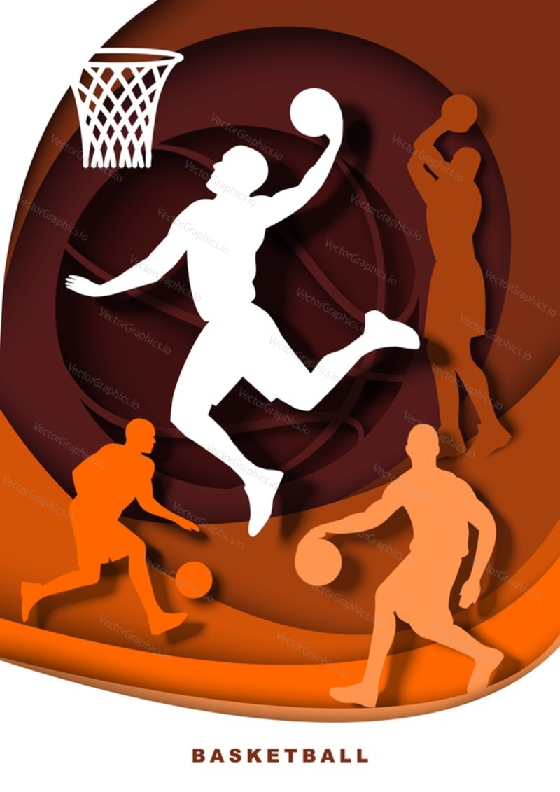 Basketbalový hráč s míčovými siluetami, vektorové ilustrace v papírovém uměleckém stylu. Profesionální sportovci skákající a střílející míč do obruče. Basketbal slam dunk výstřel, driblování a skákací pohyby.
