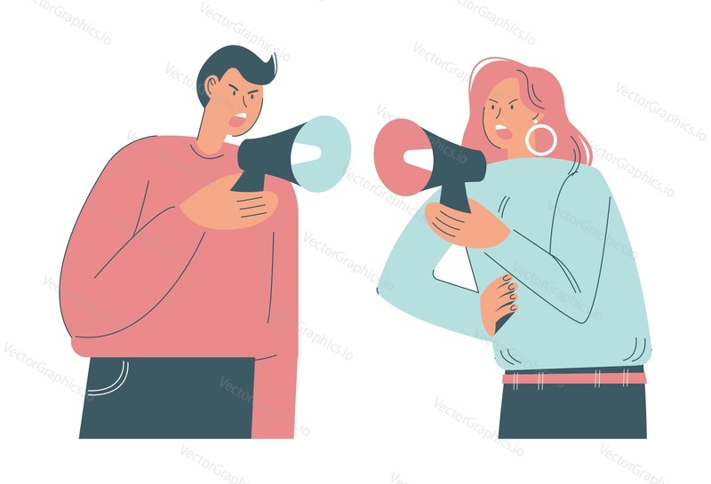 Muž a žena křičí na sebe přes megafony, ploché vektorové ilustrace. Rozzlobený pár se hádá mezi sebou. Rodinný konflikt, hádka.
