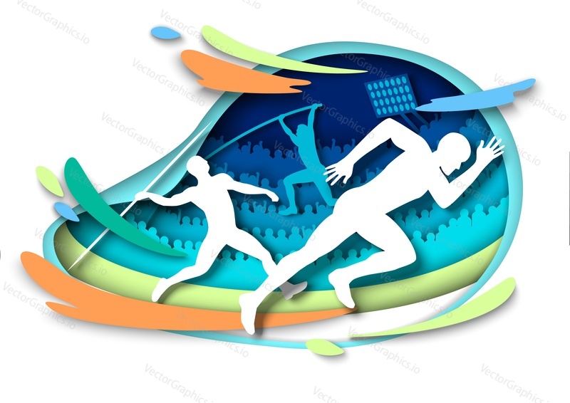 Atletické sportovní události. Siluety sportovce, vektorové ilustrace ve stylu papírového umění. Sprint. Skok o tyči. Hod oštěpem. Atletika, sportovní mistrovství.