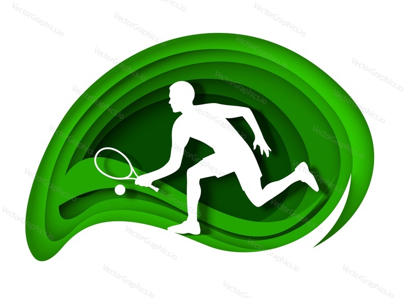 Tenista s raketou a míčem bílá silueta, vektorové ilustrace v papírovém uměleckém stylu. Tenisová sportovní hra championship.