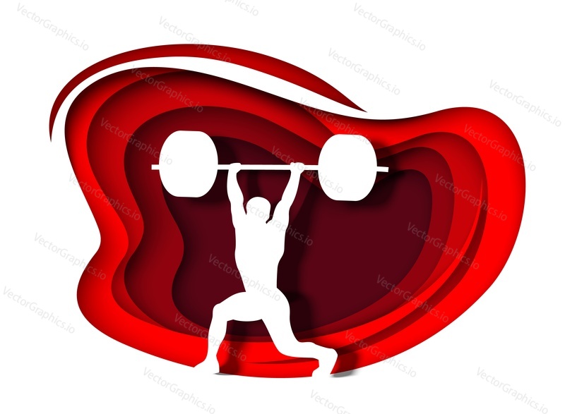 Vzpírání sport. Sportovec, sportovec, kulturista Zvedací činka bílá silueta, vektorové ilustrace v papírovém uměleckém stylu. Kulturistika. Vzpírání, powerlifting soutěž. Fitness tělocvična.