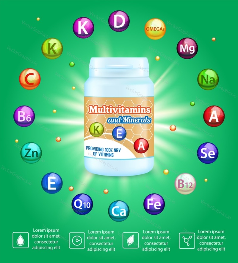Multivitaminový komplex reklamní vektorový plakát, šablona banneru. Realistické vitamínové a minerální doplňky balení plastová láhev maketa a barevné vitamínové kuličky. Zdravotnictví, farmaceutický průmysl.