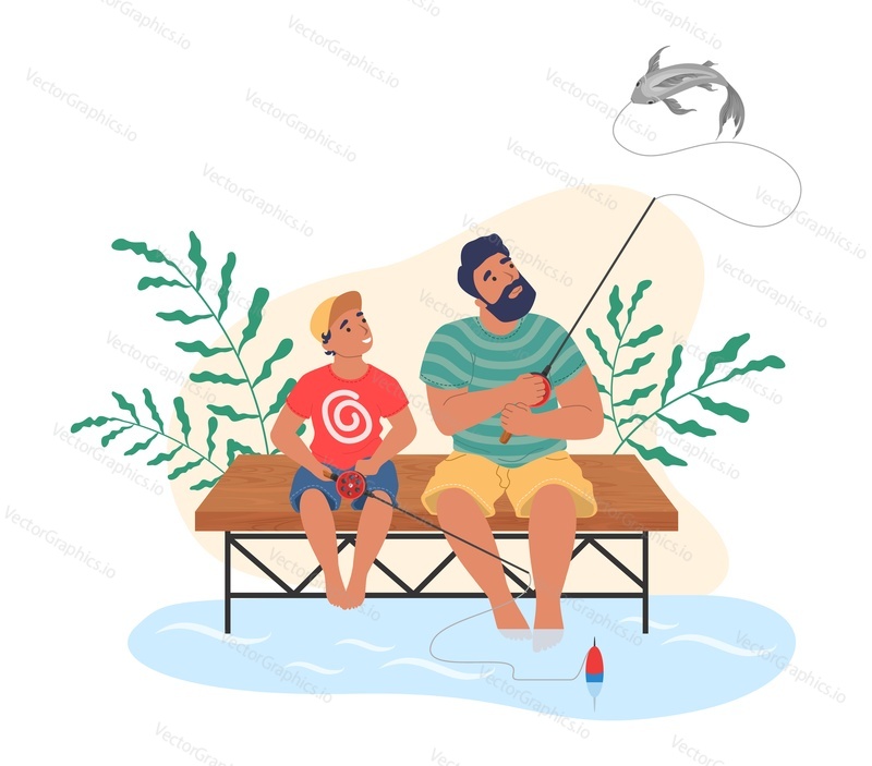 Šťastný otec a syn rybaření společně, ploché vektorové ilustrace. Táta s dítětem tráví čas společně. Vztah rodičů a dětí, šťastné otcovství a rodičovství. Venkovní letní rodinná aktivita.