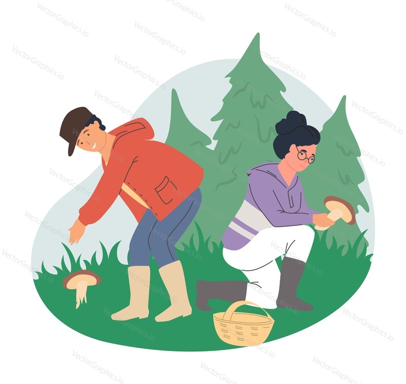 Šťastný pár procházky v lese sbírání hub, ploché vektorové ilustrace. Houbařský koníček. Letní a podzimní sezóna outdoorové aktivity.