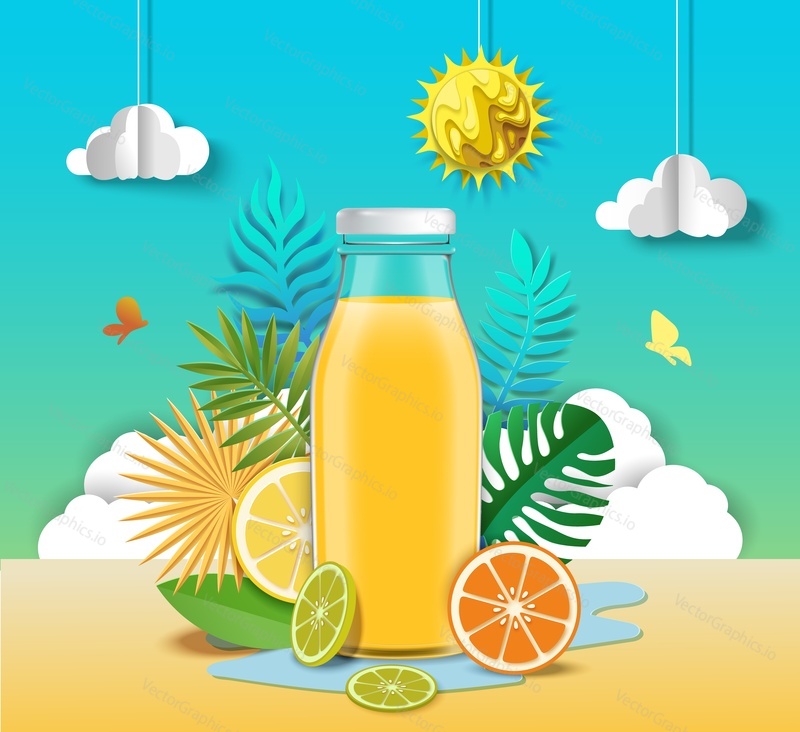 Citrus juice reklamní plakát design šablony. Realistická šťáva skleněná láhev a papír řezané čerstvé oranžové, citronové ovoce, vektorové ilustrace. Reklamy na zdravé osvěžující citrusové nápoje.