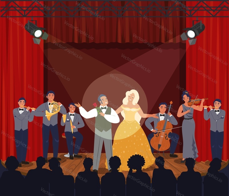 Opera theater scene with red curtains. Musicians and actors singers performing on stage in front of the audience, vector illustration. Opera theatre performance, entertainment.