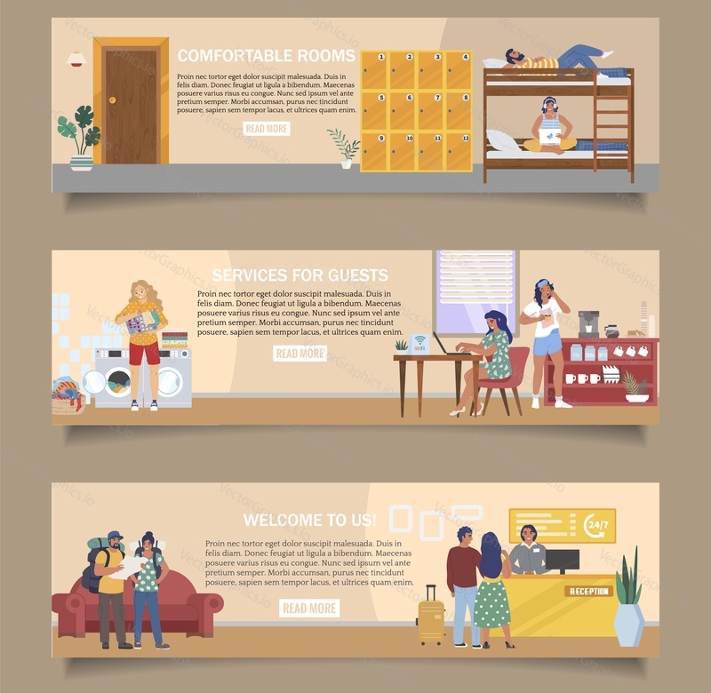 Hostel vector banner template set. Reception hall, cheap comfortable dormitory rooms, kitchen, laundry. Budget tourists, students living in hostel. Receptionist serving guests. Hotel service.