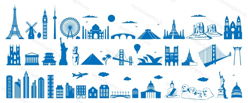 World famous architecture landmarks silhouettes, vector illustration. Travel, tourist attractions, monuments. Eiffel Tower, Big Ben, Statue of Liberty, Taj Mahal, Sydney Opera House, Egypt pyramid.