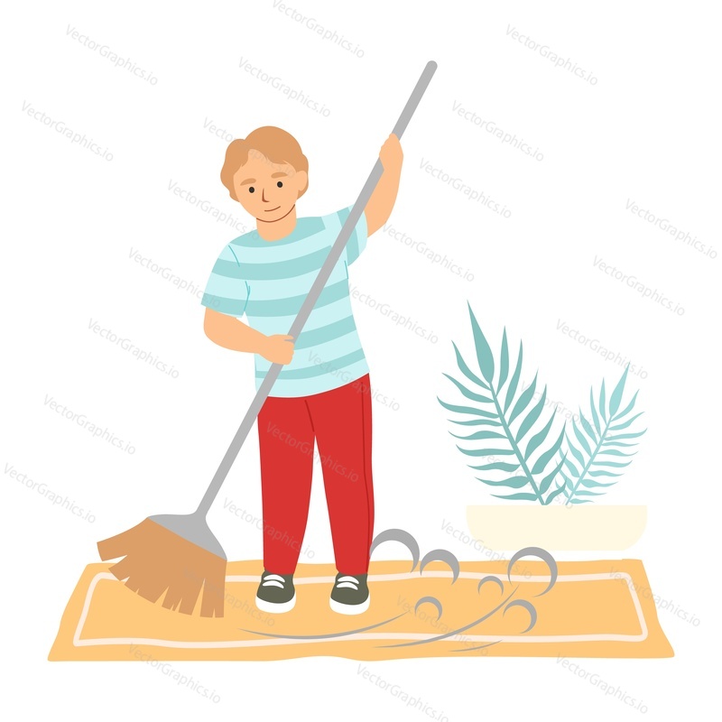 Cute boy sweeping floor with broom, helping parents with cleaning house, flat vector illustration. Kids household chores and responsibility.
