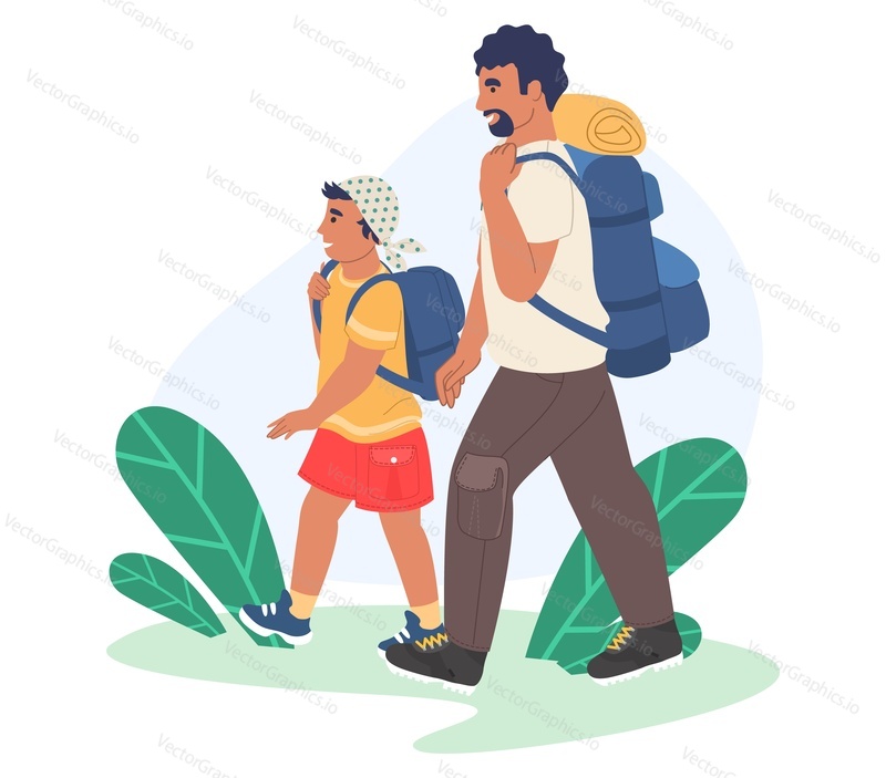 Happy father and son going hiking together, flat vector illustration. Family characters trekking, traveling with backpacks. Parent child relationship, happy fatherhood and parenting. Outdoor activity.