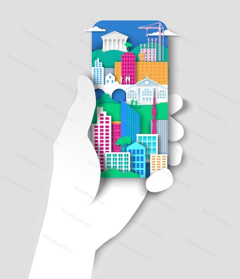 Ruční držení mobilního telefonu s městskými prvky, Městská krajina. Vektorové ilustrace ve stylu papírového umění. Rozvoj města, výstavba. Moderní komunikační technologie.