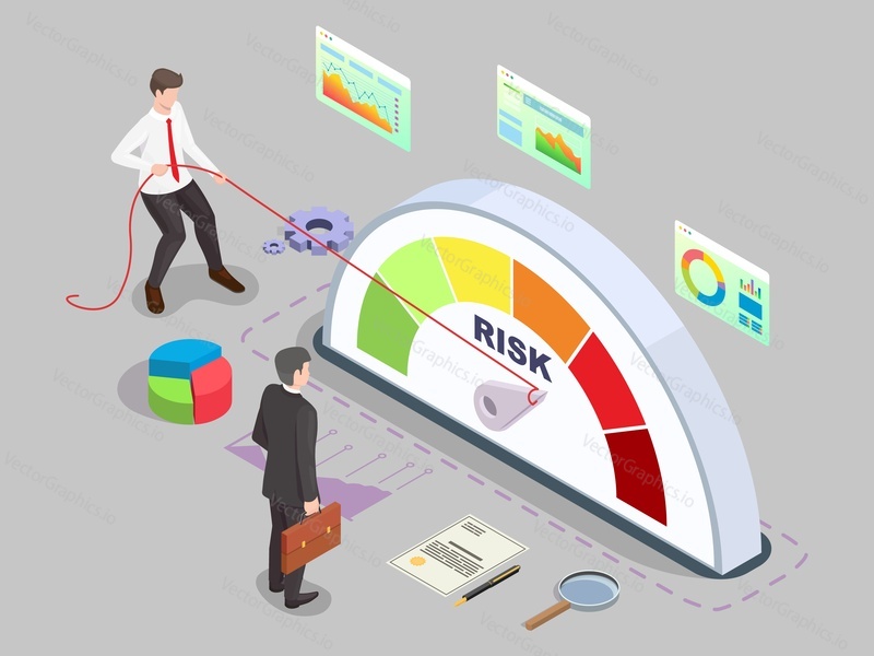 Isometric businessman turning risk meter arrow back with rope, flat vector illustration. Effective risk management, measurement, monitoring, assessment and control.