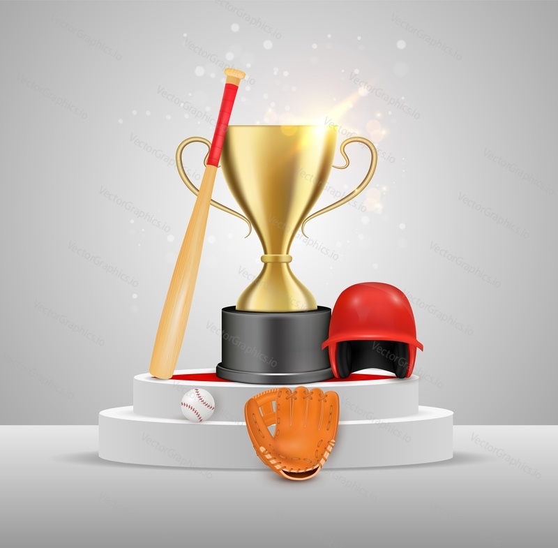 Realistický zlatý pohár šampionů, baseballová rukavice, helma, míč a pálka na bílém kulatém pódiu vítězů, vektorové ilustrace. Baseball sport game championship trophy, cena.