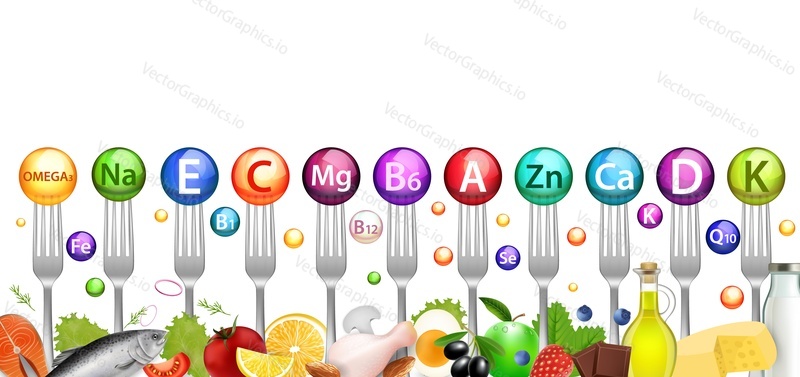 Barevné vitamínové minerální kuličky a potraviny bohaté na vitamíny, vektorové ilustrace. Realistické červené lososové ryby, ovoce a zelenina, mléčné výrobky. Strava, zdravá výživa, přírodní doplňky stravy.