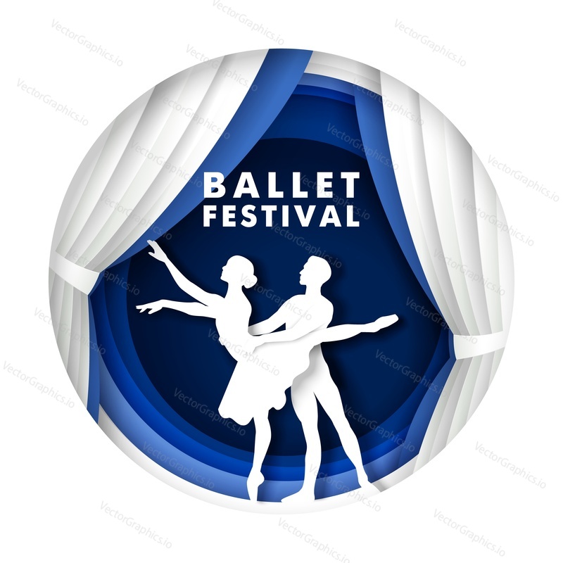 Couple ballet dancer silhouettes dancing on stage. Vector illustration in paper art style. Classic ballet festival poster, banner, card, flyer template.