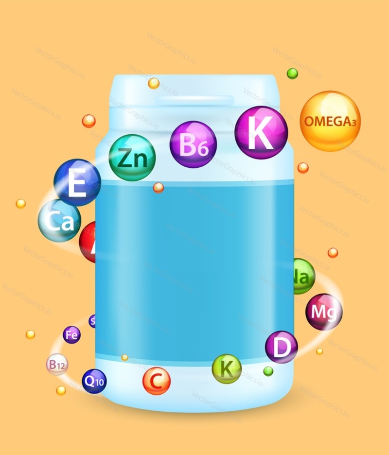 Vitamin and mineral complex advertising vector poster, banner template. Realistic blank multivitamin packaging plastic bottle mockup and vitamin pills. Dietary supplement.
