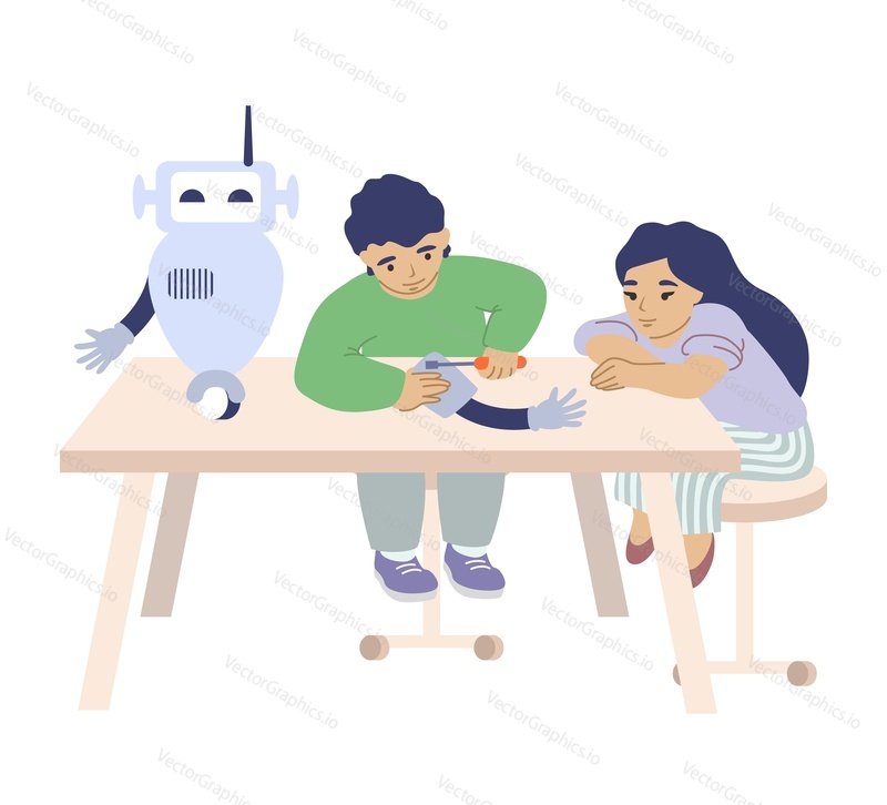 Šťastné děti, chlapec a dívka dělat inteligentní robot, ploché vektorové ilustrace. Škola robotiky, kid engineering club, robotická třída.