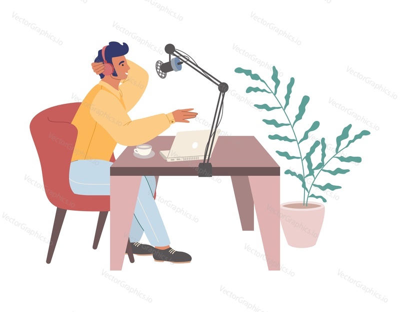 Young man in headphones speaking into the microphone in front of laptop computer, flat vector illustration. Dj creating podcast, hosting live radio show in studio. Podcasting, online radio station.