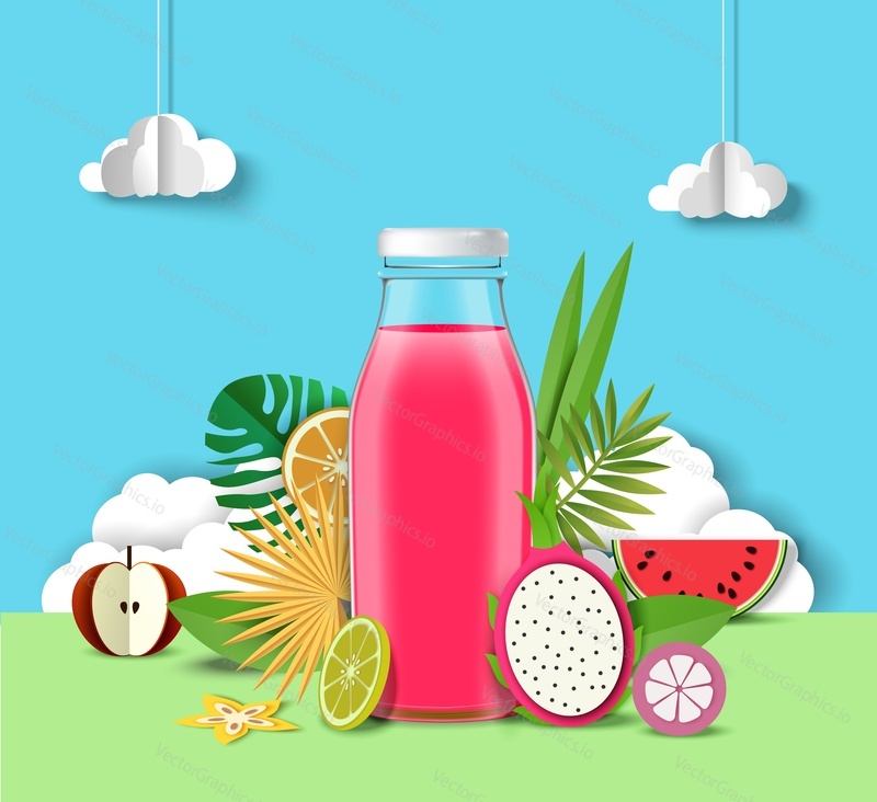 Multifruit juice reklamní plakát design šablony. Realistický džus skleněná láhev a papír řez čerstvý meloun, tropické exotické ovoce, vektorové ilustrace. Reklamy na zdravé multifruitové nápoje.