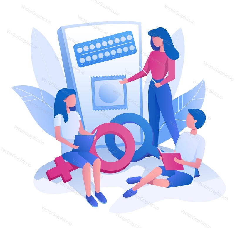 Female teacher teaching students sexual health, flat vector illustration. Contraceptive sex education, sex behavior.