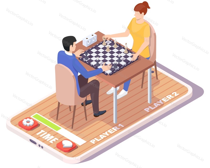 Mladý muž a žena hrají šachovou deskovou hru na obrazovce smartphonu, ploché vektorové izometrické ilustrace. Online šachový turnaj. Mobilní hry.