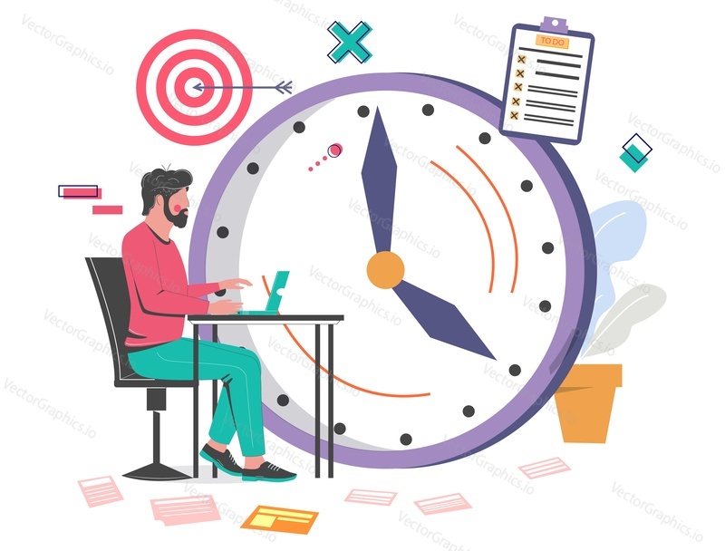 Офисный мужчина работает за ноутбуком. Часы, мишень, бизнес-символы контрольного списка, плоская векторная иллюстрация. Тайм-менеджмент, расписание, планирование задач.