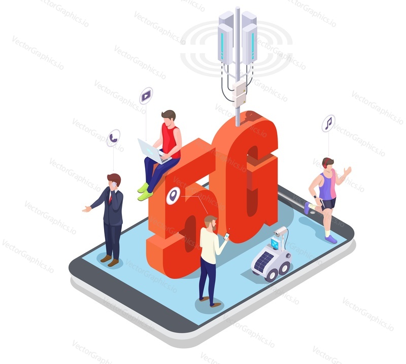 башня связи 5g, люди разговаривают по мобильному телефону, смотрят видео на портативном компьютере, бегают трусцой со смарт-часами на экране смартфона, плоская векторная изометрическая иллюстрация. мобильные системы сети 5g.