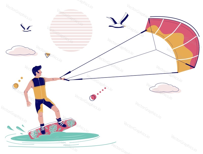 Kiteboarder on kiteboard being pulled across water by kite, vector illustration. Kiteboarding, kitesurfing, extreme water sport, summer beach activity.