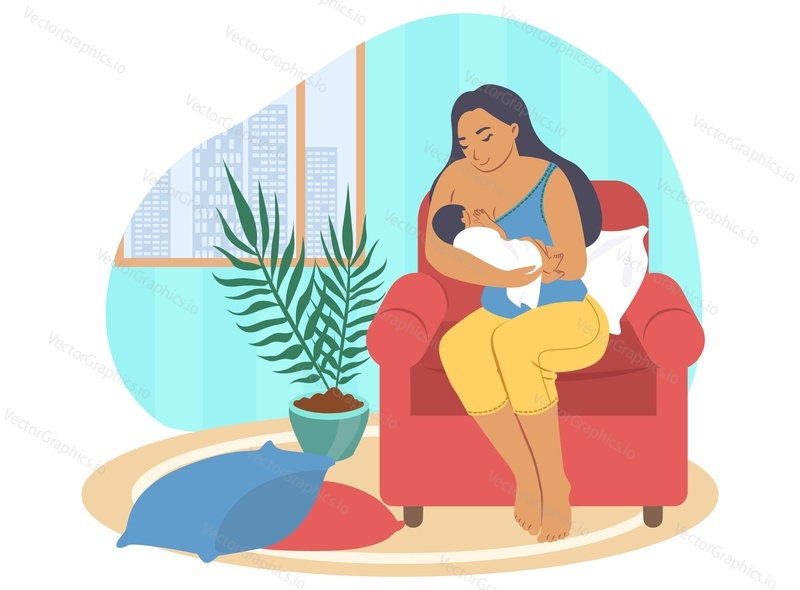Happy mother breastfeeding her newborn baby sitting in armchair, flat vector illustration. Happy motherhood, childcare, parenting.