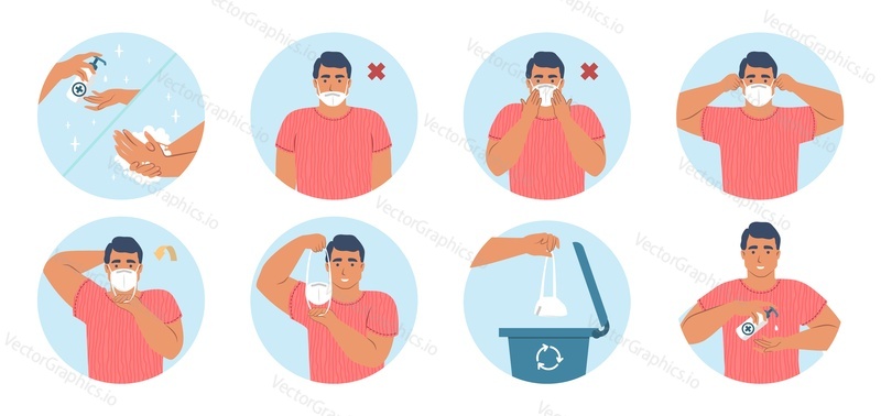 How to wear and remove face medical mask safely tips, vector infographic. Ppe, coronavirus pandemic quarantine health measures, Covid-19 disease spread prevention.
